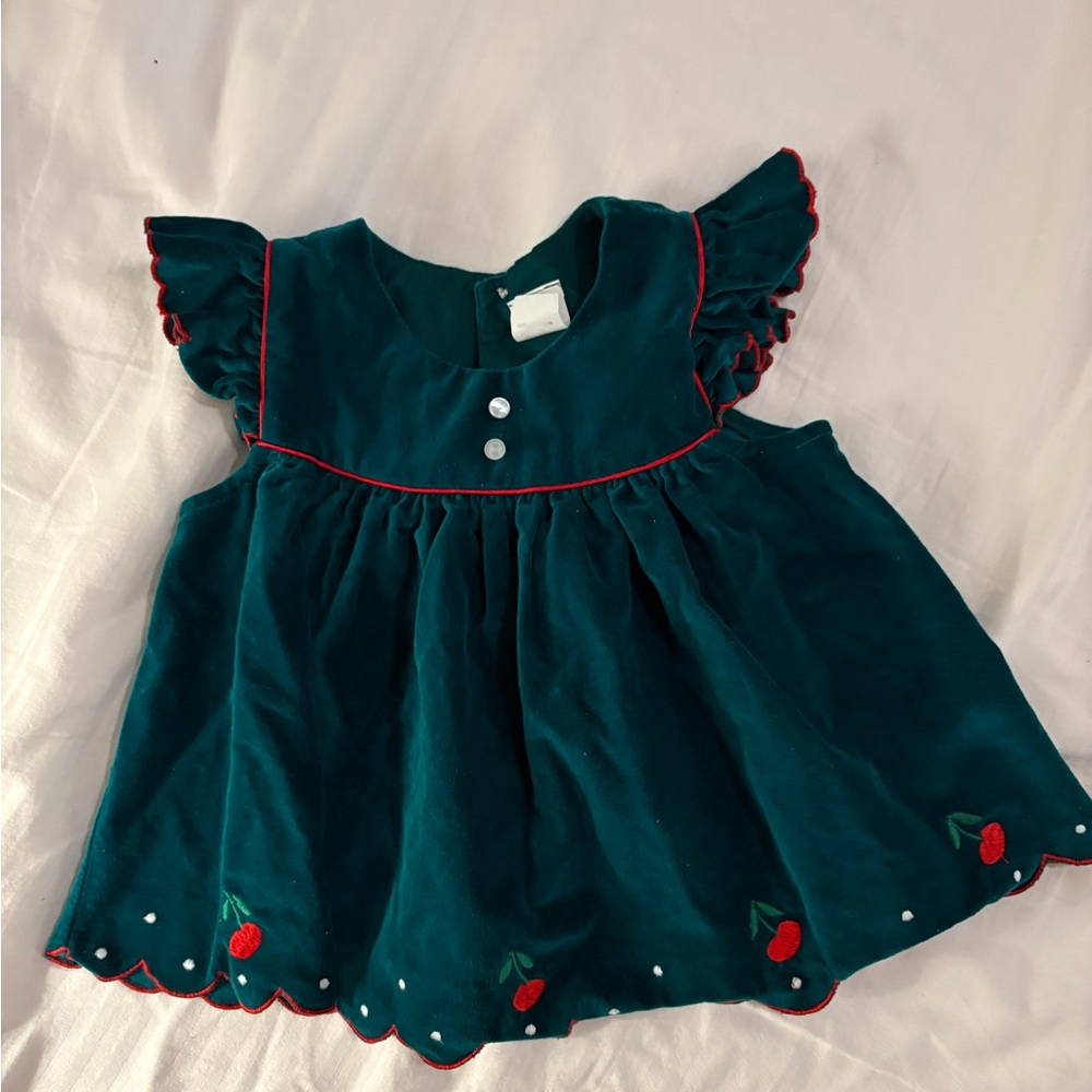 Teal Baby Dress with Cherry Embroidery